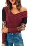 Red Leopard Color Block Ribbed Cross Wrap Top