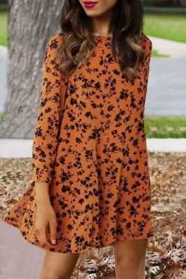 Orange Floral Print O-neck Long Sleeve Mini Dress