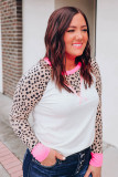 White Leopard Patchwork Long Sleeve Plus Size Top