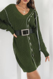V Neck Ruched Ribbon Tie Sweater Dress