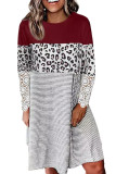 Wine Red Striped Leopard Patchwork Lace T Shirt Dress