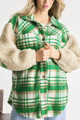Fleece Sleeves Patchwork Plaid Shacket Coat 