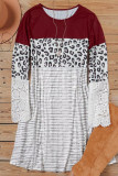 Wine Red Striped Leopard Patchwork Lace T Shirt Dress