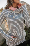 Striped Cowl Neck Hoodie with Pocket