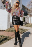 Multicolor Vibrant Floral Tie V Neck Puff Sleeve Blouse