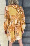 Yellow Floral Buttoned Pleated Long Sleeve Babydoll Dress