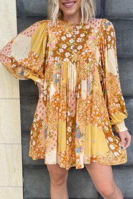 Yellow Floral Buttoned Pleated Long Sleeve Babydoll Dress