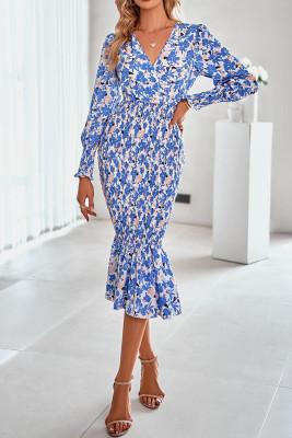 Wrap V Neck Pleated Fishtail Puffy Sleeves Midi Floral Dress