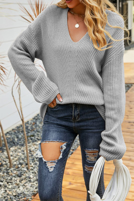 Plain V Neck Knitting Pullover Sweater 