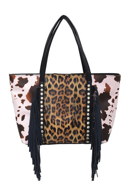 Cow Print Leopard Patchwork Tassel Tote Bag