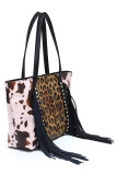 Cow Print Leopard Patchwork Tassel Tote Bag