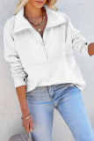 White Solid Color Zip Collar Sweatshirt with Pockets