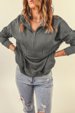 Dark Gray Solid Color Zip Collar Sweatshirt with Pockets