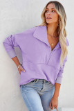 Purple Solid Color Zip Collar Sweatshirt with Pockets
