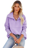 Purple Solid Color Zip Collar Sweatshirt with Pockets