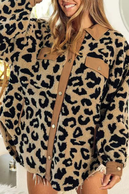 Contrast Trimmed Leopard Furry Shacket Coat With Pockets