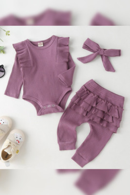 Plain Ruffles Baby Romper and Pants with Bow 3pcs Set