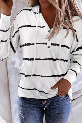 White Striped Drawstring Button Long Sleeve Hoodie