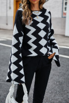 Black Chevron Diamond Pattern Knitting Sweater 