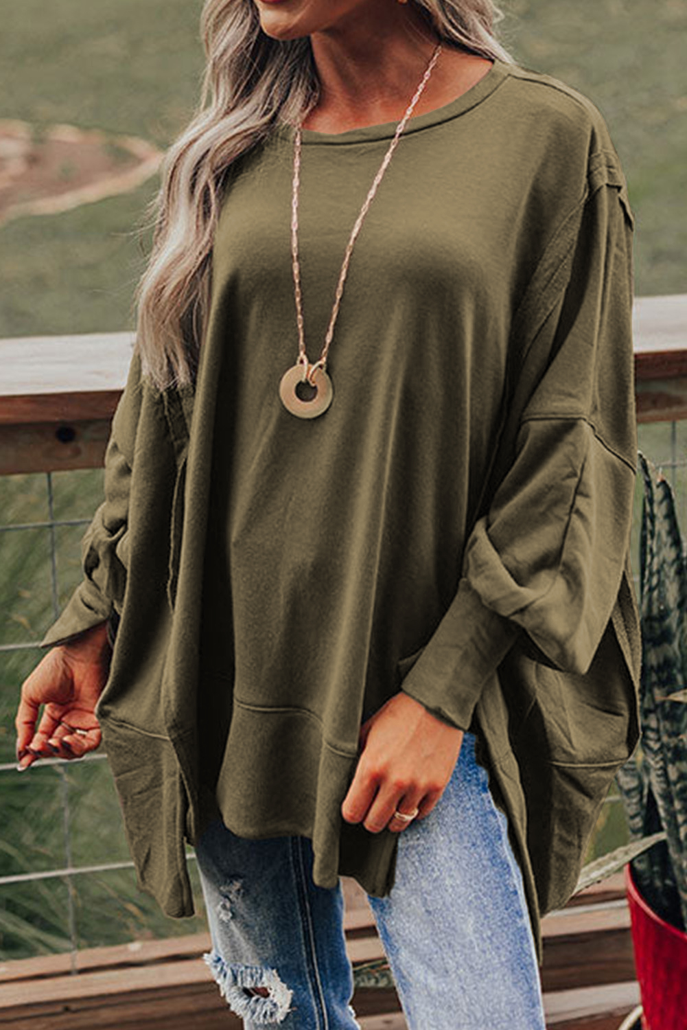Medium Grey Raw Edge Uneven Hem Patchwork Drop Shoulder Sweater main image 0
