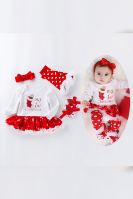 Baby Girl Christmas Print Romper with Socks Shoes and Bow Shoes 4pcs Set