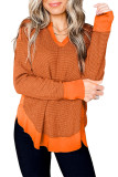 Orange Waffle Knit Patchwork V Neck Long Sleeve Top
