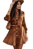Brown Buttoned Lace-up High Waist Velvet Mini Dress