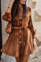 Brown Buttoned Lace-up High Waist Velvet Mini Dress