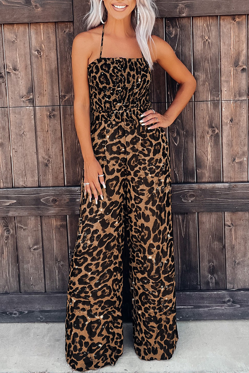 US$ 18.19 - Leopard Print Halter Neck Backless Wide Leg Jumpsuit - www.unishe.com