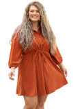 Orange Plus Size High Waist Corduroy Dress