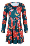 Blue Floral Pleated Long Sleeves Dress