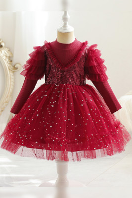 Red Sequin Mesh Pleated Dress Party Dress