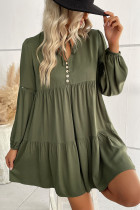 Army Green V Neck Button Down Swing Dress