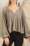 Puff Sleeve Ribbed Knitting Henley Top 