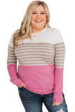 Pink Plus Size Striped Patchwork Knit Sweater