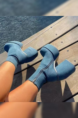 Round Toe Denim High Heels Ankle Zipper Boots     