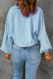 Sky Blue Washed Snap Buttons Lantern Sleeve Pullover Sweatshirt