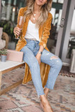 Yellow Velvet Open Front Pocketed Long Cardigan