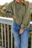 Green Washed Snap Buttons Lantern Sleeve Pullover Sweatshirt