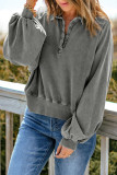 Gray Washed Snap Buttons Lantern Sleeve Pullover Sweatshirt