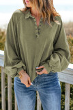 Green Washed Snap Buttons Lantern Sleeve Pullover Sweatshirt