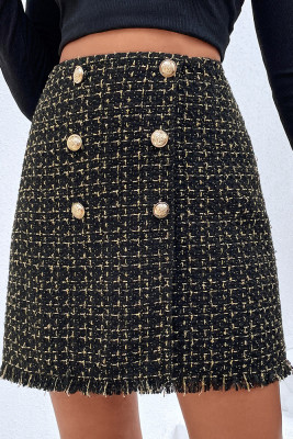 Black Knit Plaid Buttons High Waist Skirt