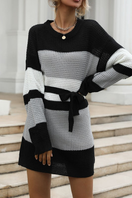 Grey Color Block Waistband Knit Sweater Dress