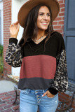 Black Wild Leopard Contrast Sleeve Colorblock Waffle Knit Top