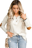 Apricot Suede Patch Rib Knit Pullover Top with Slits