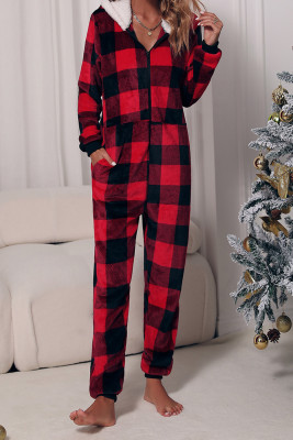 Red Buffalo Plaid Hooded Flannel Jumpsuit 