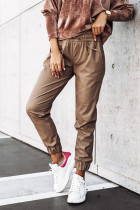 Faux Leather Drawstring Pockets Joggers