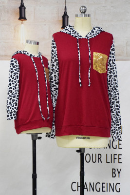 Leopard Sleeves Sequin Pockets Mother and Me Hoodies
