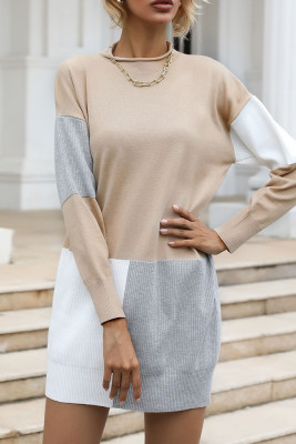 Khaki Color Block Knit Sweater Dress