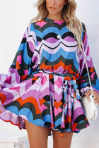 Multicolor Geometric Print Lantern Sleeves Mini Dress